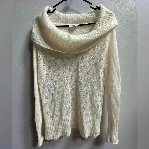 Y2K Ann Taylor Loft Wool Blend Beaded Cowl Sweater | Cream & Silver | Size L - Picture 2 of 13